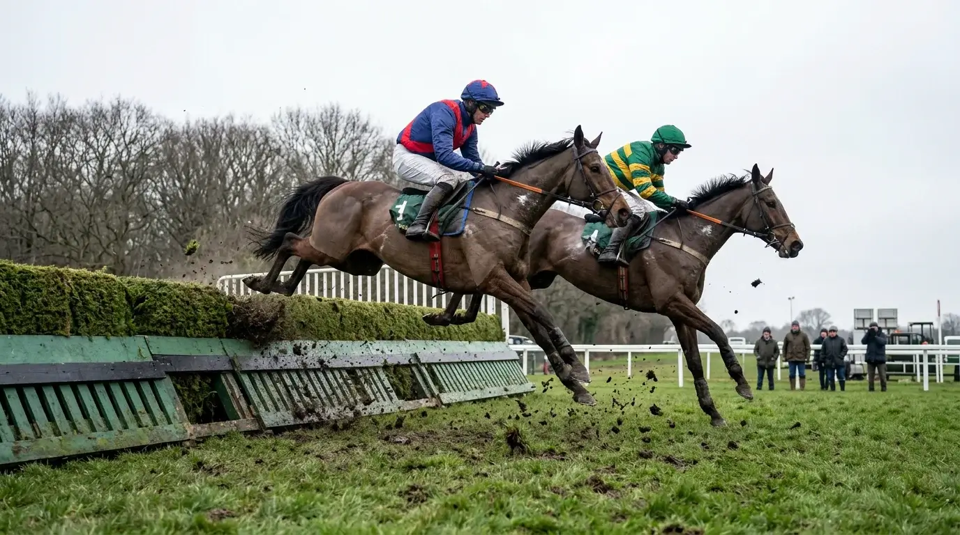 Horses jumping a fence at Windsor Racecourse during the Berkshire Winter Million festival