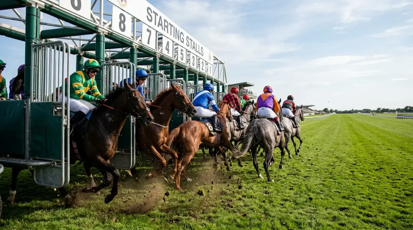 Horses breaking from the starting stalls in a five-furlong sprint at Windsor Racecourse