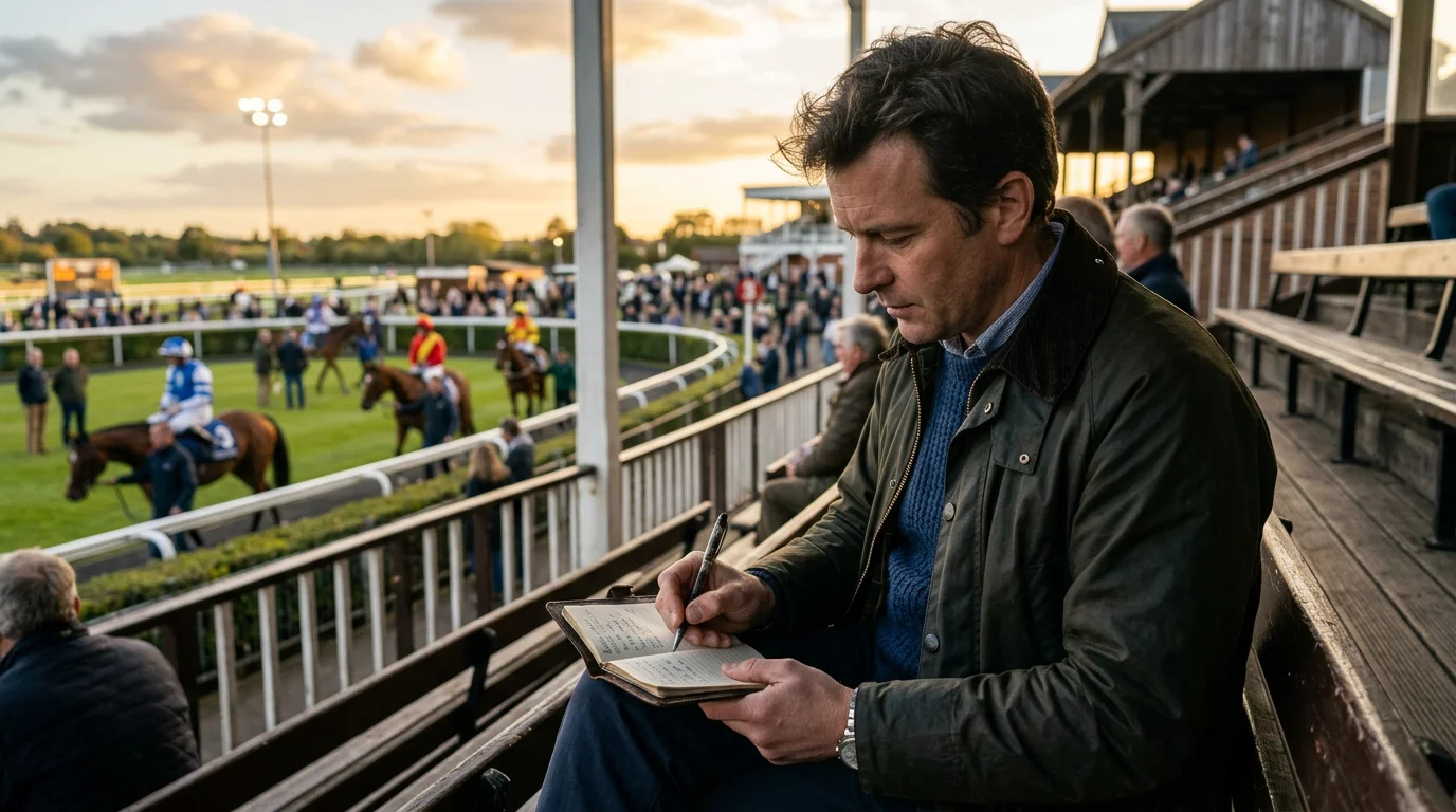 Bettor reviewing a notebook with staking notes beside the Windsor Racecourse parade ring
