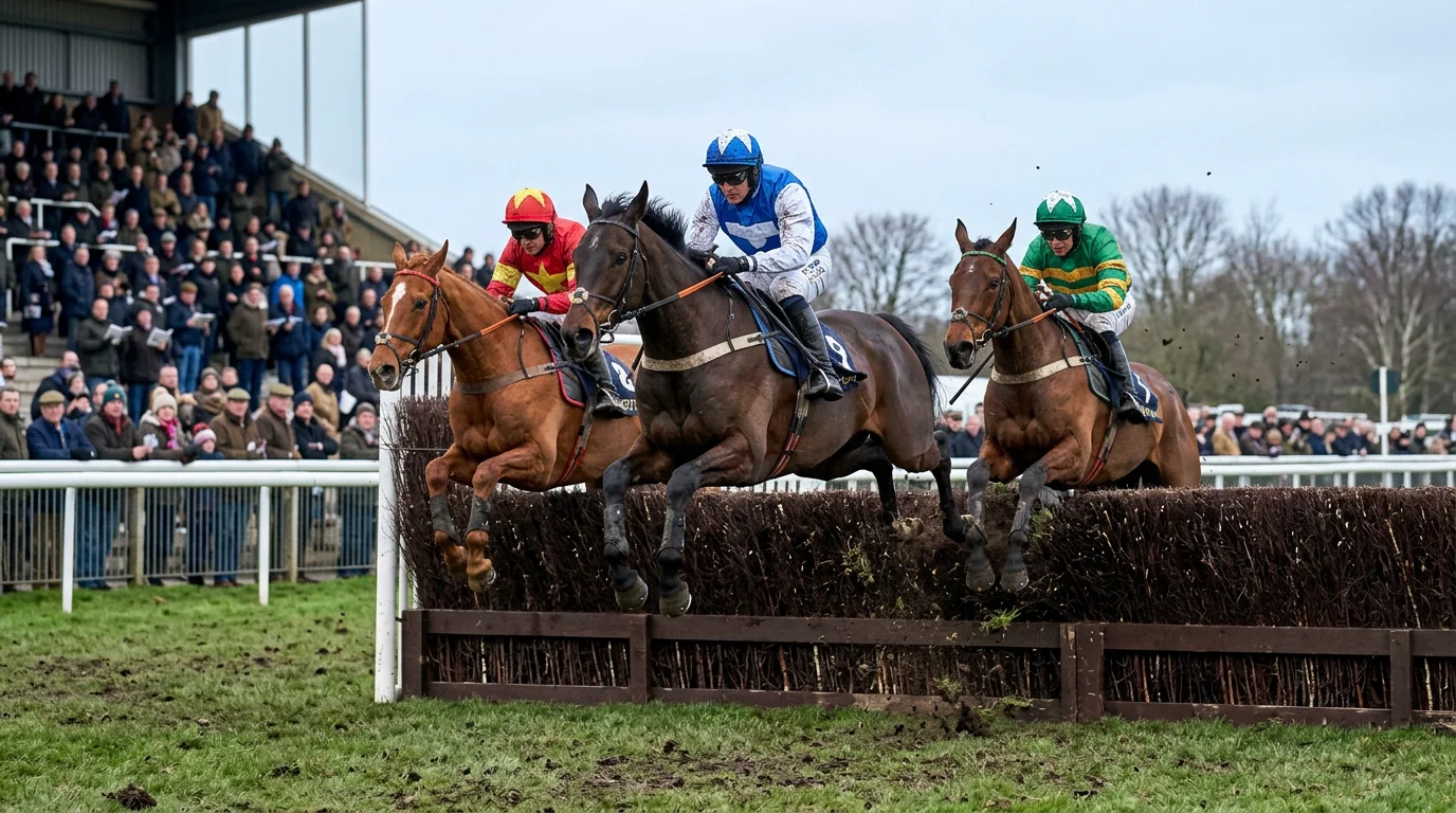 Jump racing at Windsor Racecourse during the Berkshire Winter Million festival with horses clearing a fence