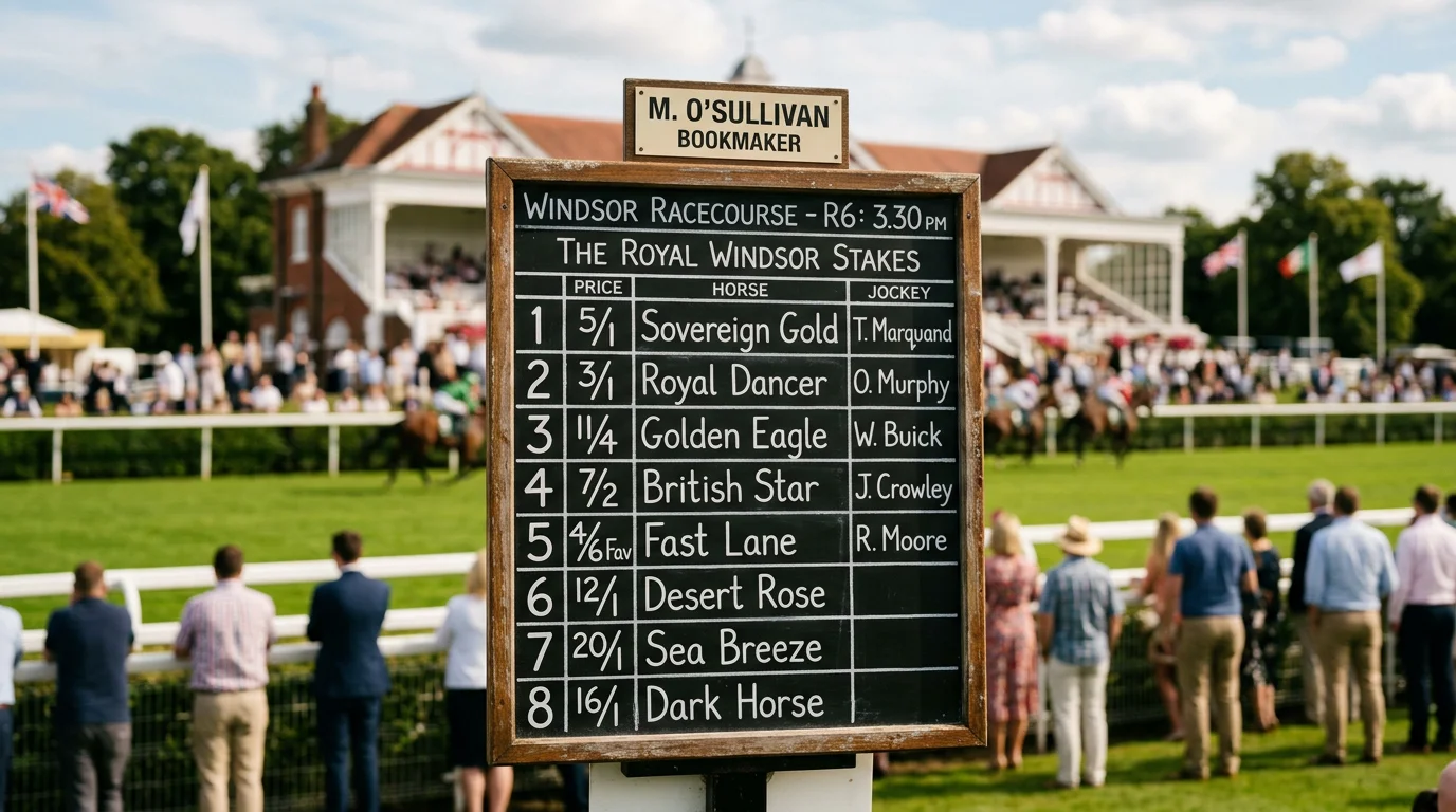 Close-up of a bookmaker odds board at Windsor Racecourse showing fractional prices