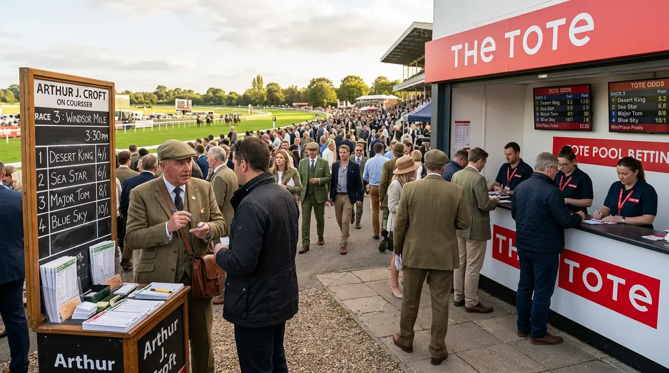 Racegoers choosing between on-course bookmakers and a Tote window at Windsor Racecourse