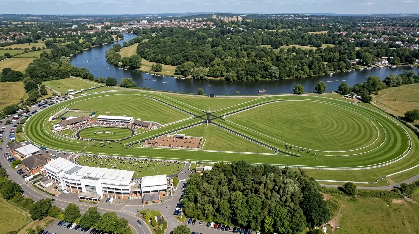 Aerial view of Windsor Racecourse showing the figure-of-eight track layout beside the Thames