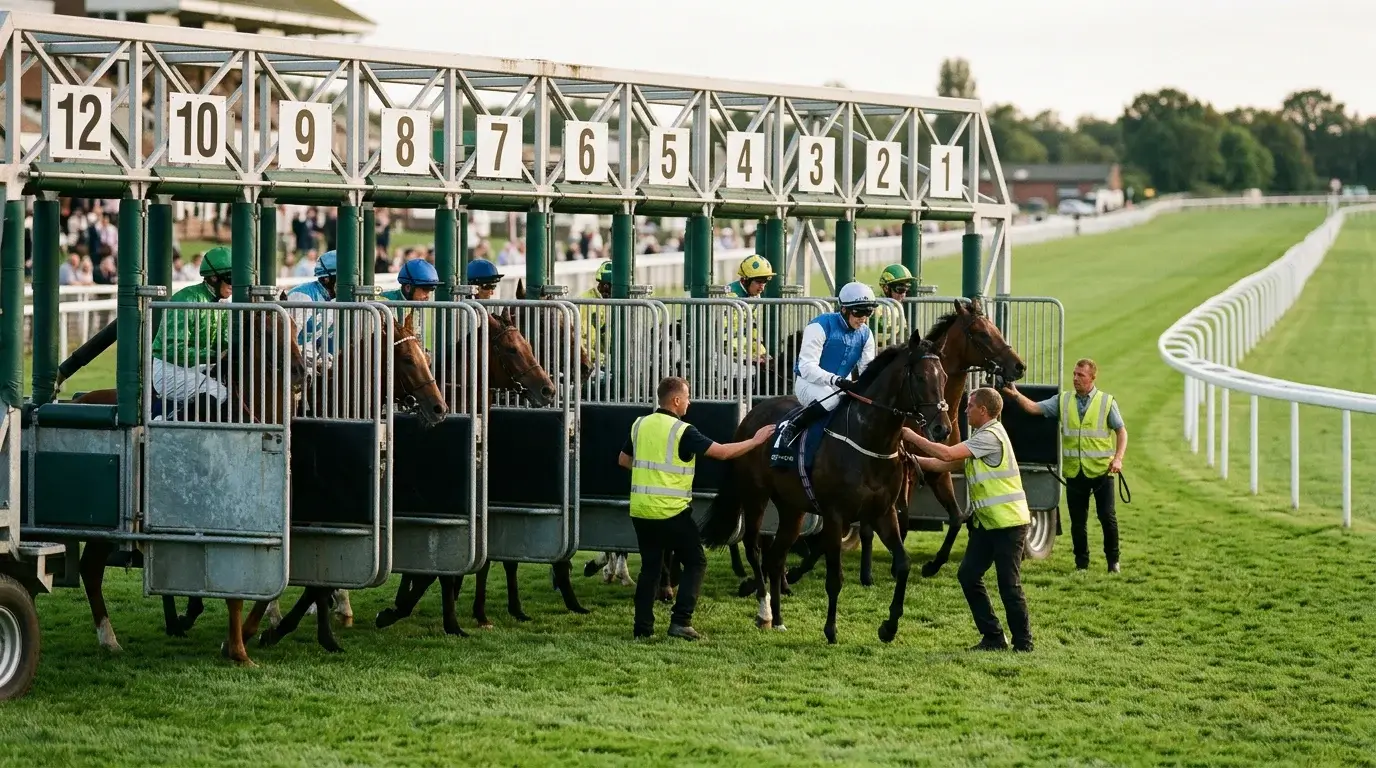 Starting stalls at Windsor Racecourse with numbered gates before a flat race