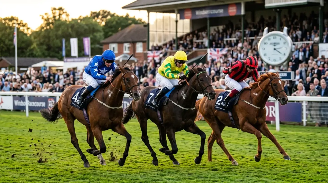 Horses finishing close together at Windsor Racecourse illustrating each-way place value