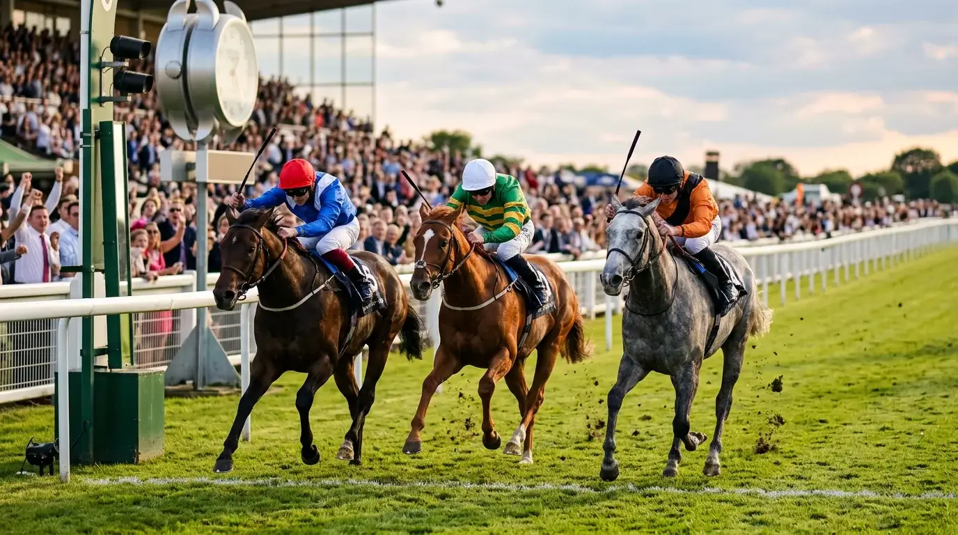 Three horses crossing the finish line at Windsor in a tight photo illustrating forecast betting