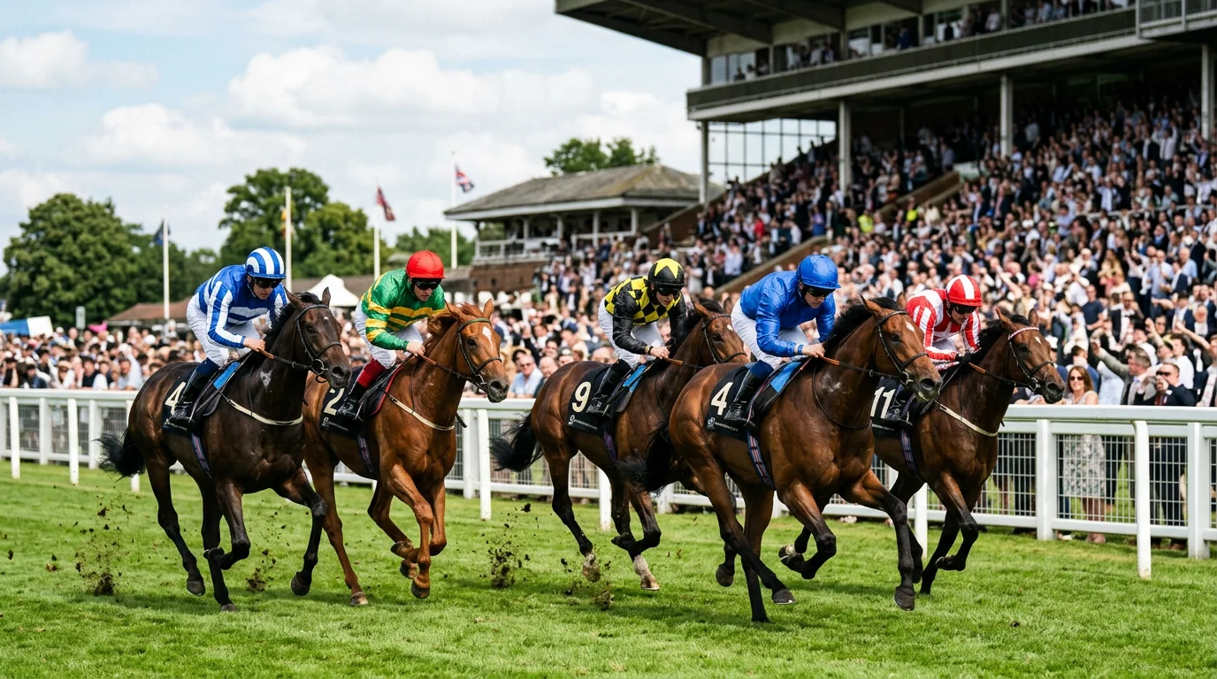 Horses racing past the grandstand at Windsor Racecourse during a feature flat race