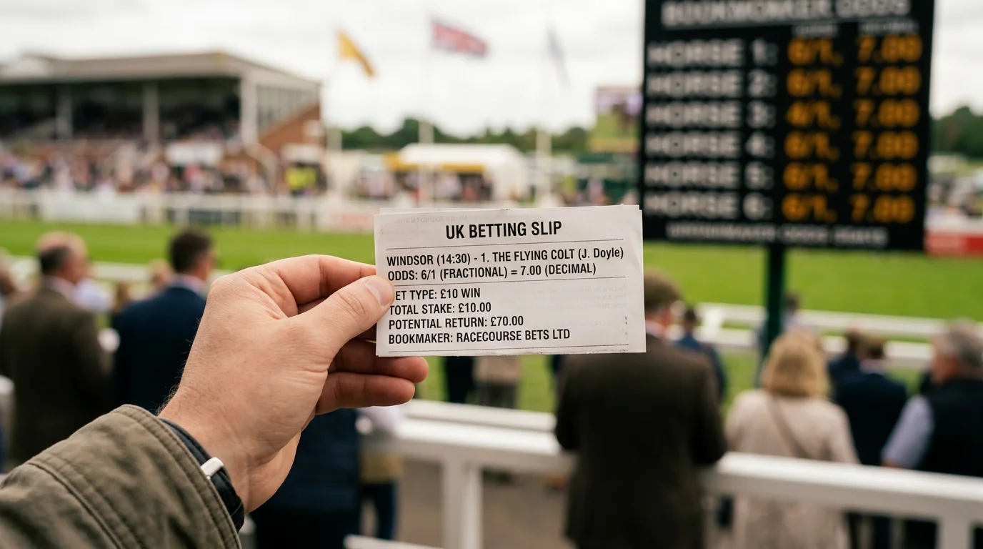 Racegoer holding a betting slip at Windsor Racecourse with odds board in the background