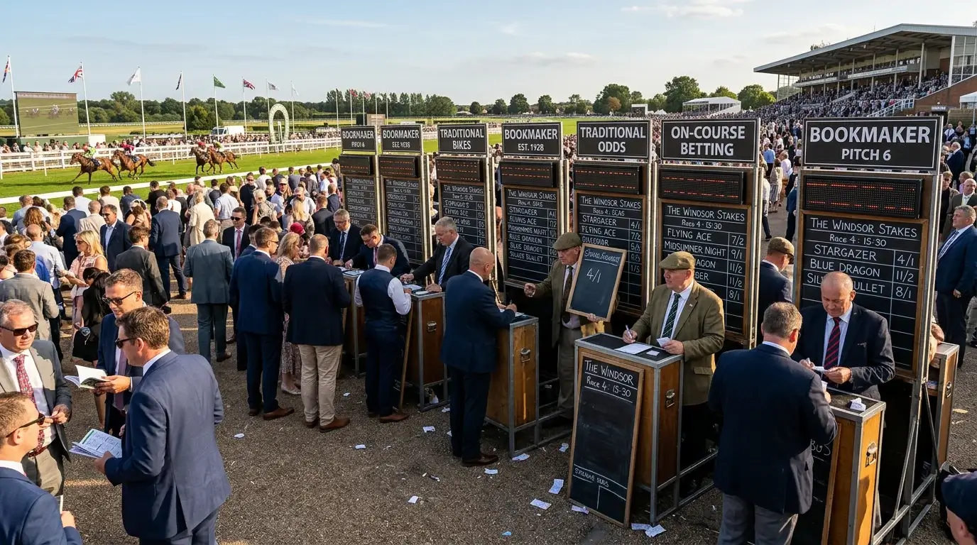 Row of on-course bookmaker boards displaying odds at Windsor Racecourse