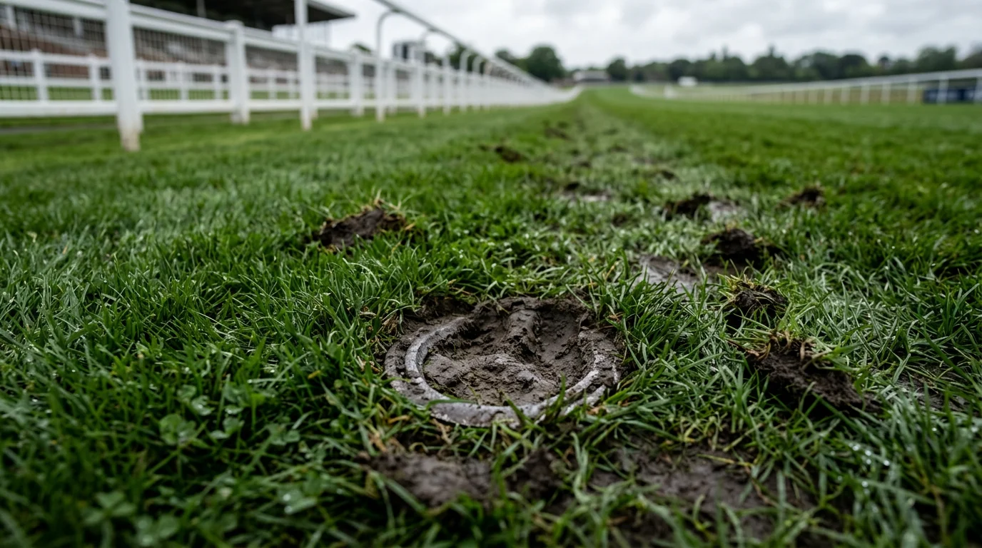 Close-up of the turf surface at Windsor Racecourse after rain showing soft going conditions