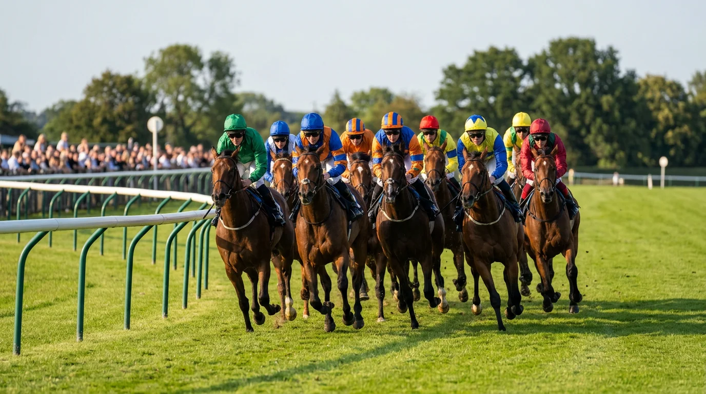 Tightly bunched field racing through a Windsor handicap on the flat course