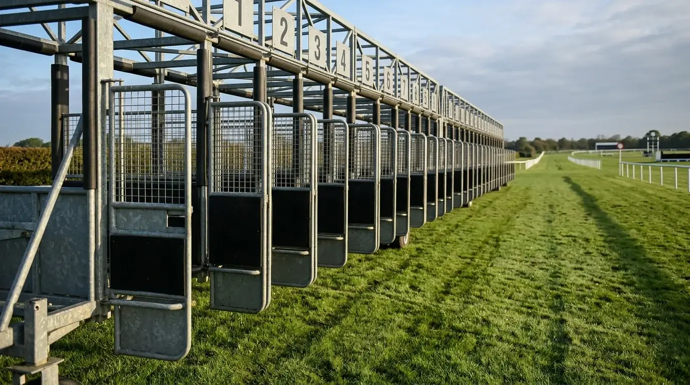 View along the starting stalls at Windsor Racecourse showing high and low draw positions