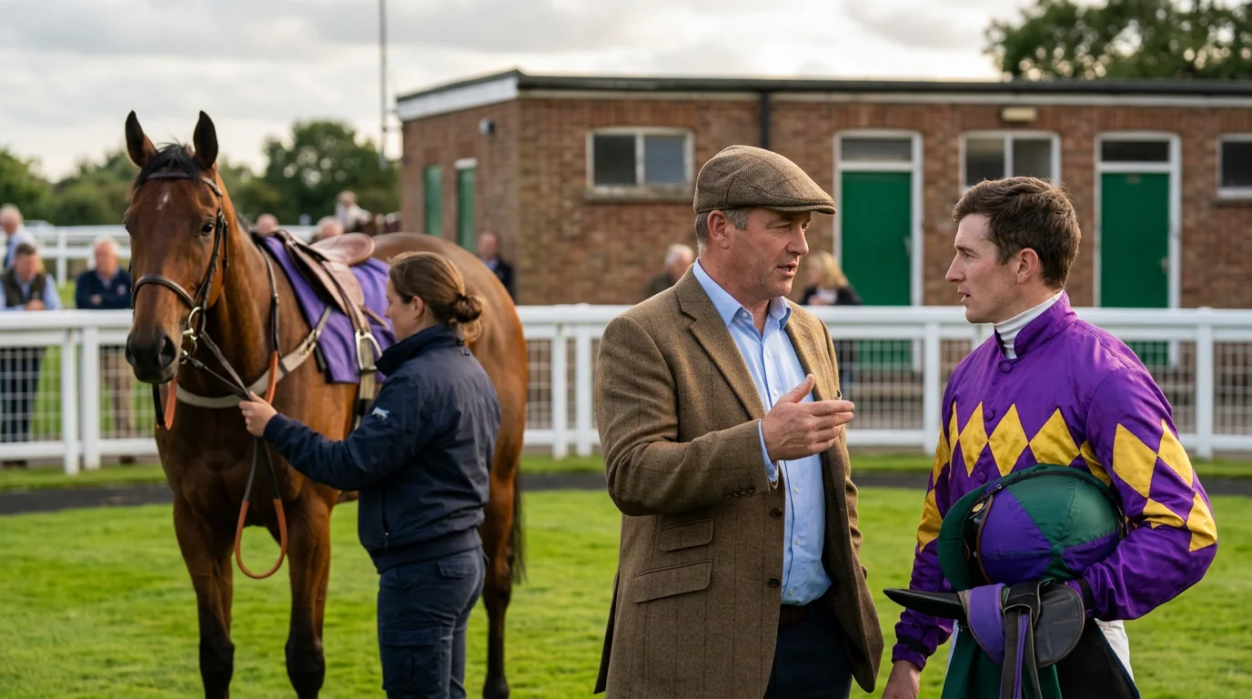 Horse racing trainer and jockey conferring in the paddock at Windsor Racecourse before an evening race