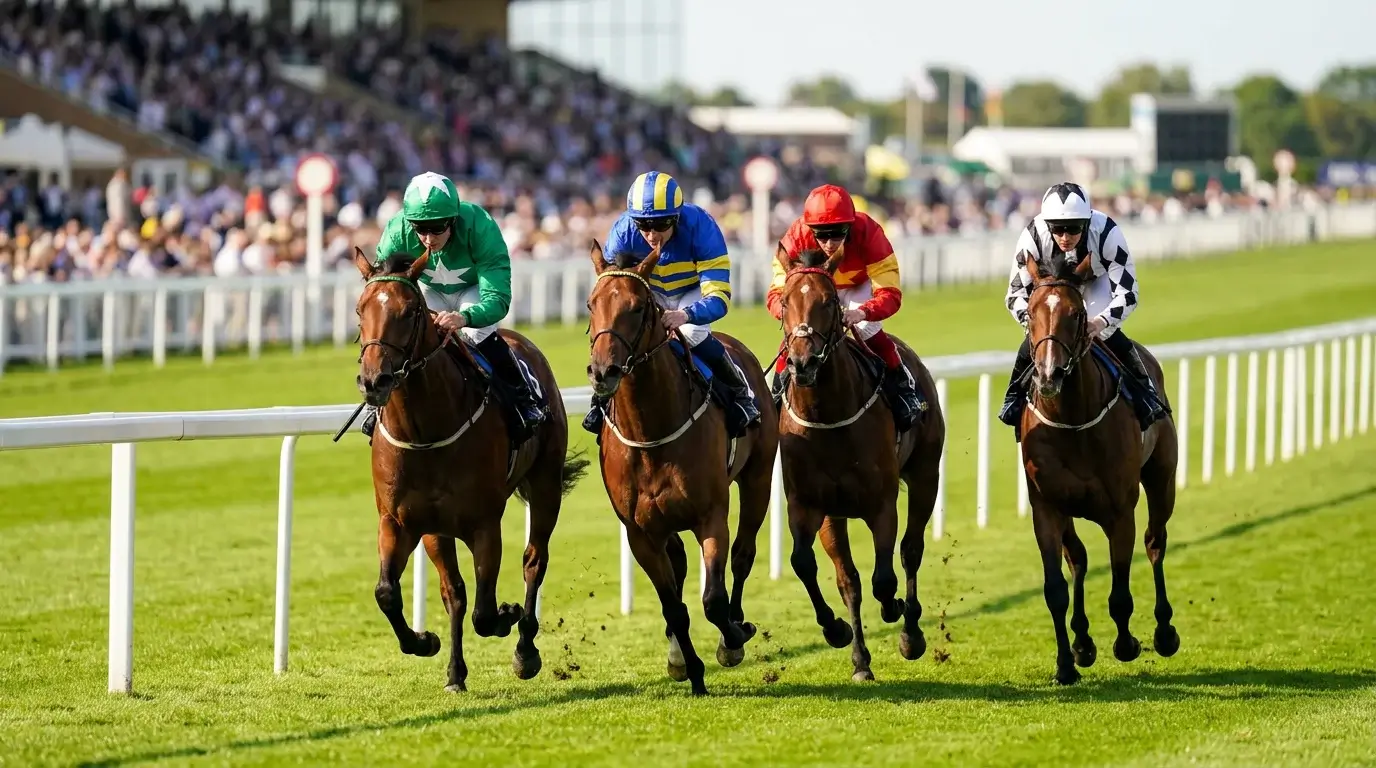 Four horses racing side by side at Windsor Racecourse representing Lucky 15 selections