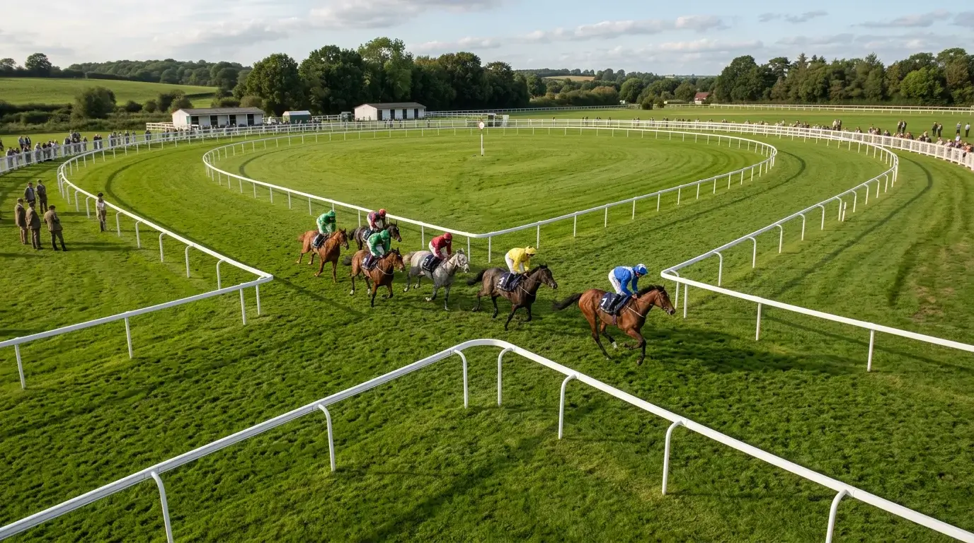 Horses racing through the figure-of-eight crossing point during a one-mile race at Windsor