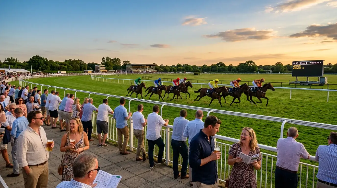Windsor Racecourse Monday evening flat racing meeting during summer with spectators watching from the grandstand