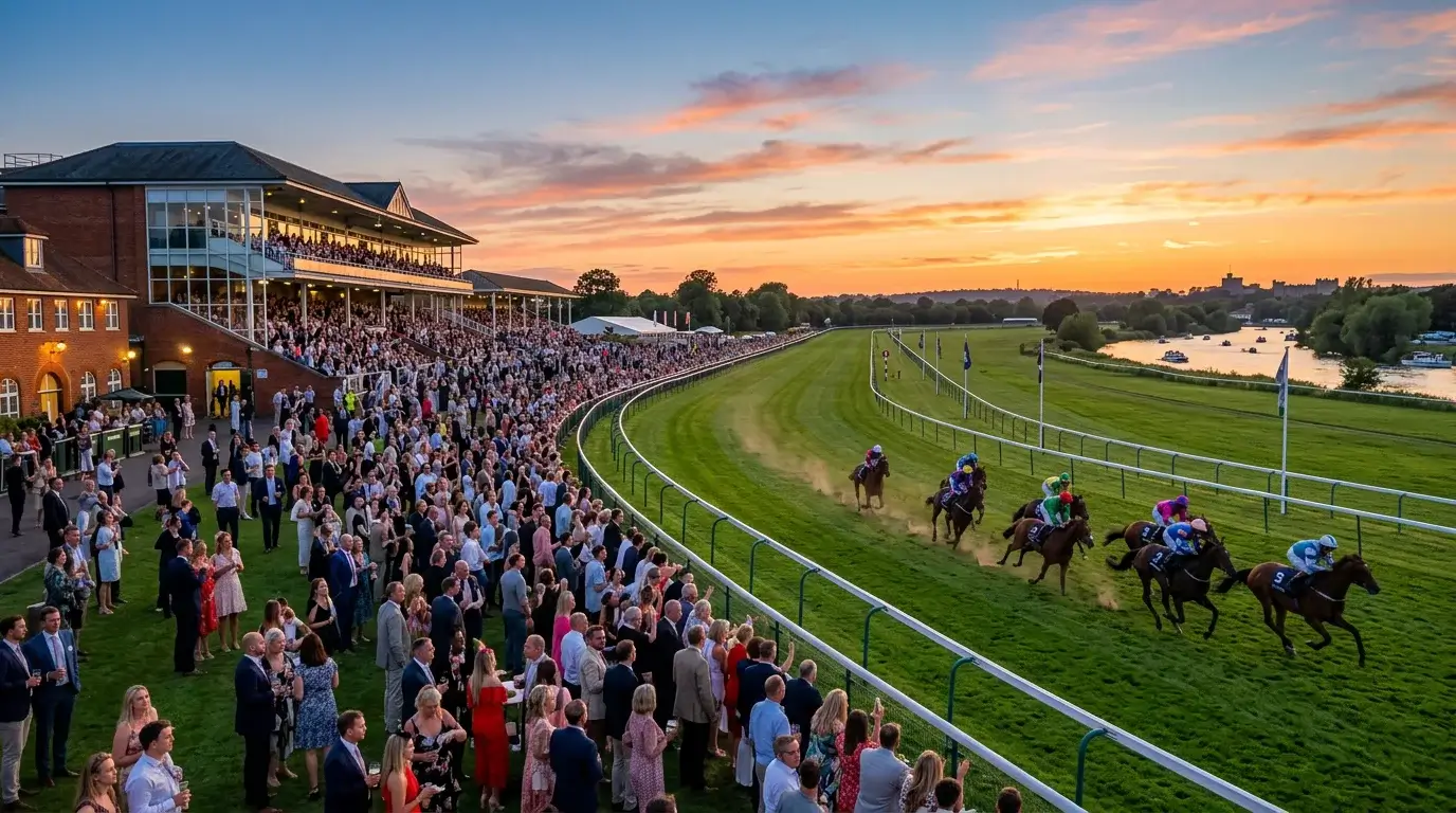 Windsor Racecourse lit by evening sunlight during a Monday night flat meeting