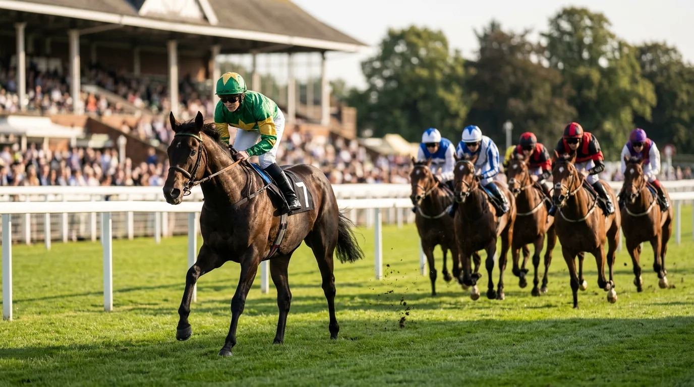 Front-running horse leading the field into the home straight at Windsor Racecourse