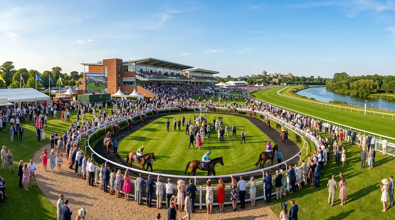 Panoramic view of Windsor Racecourse enclosures and parade ring on a busy race day