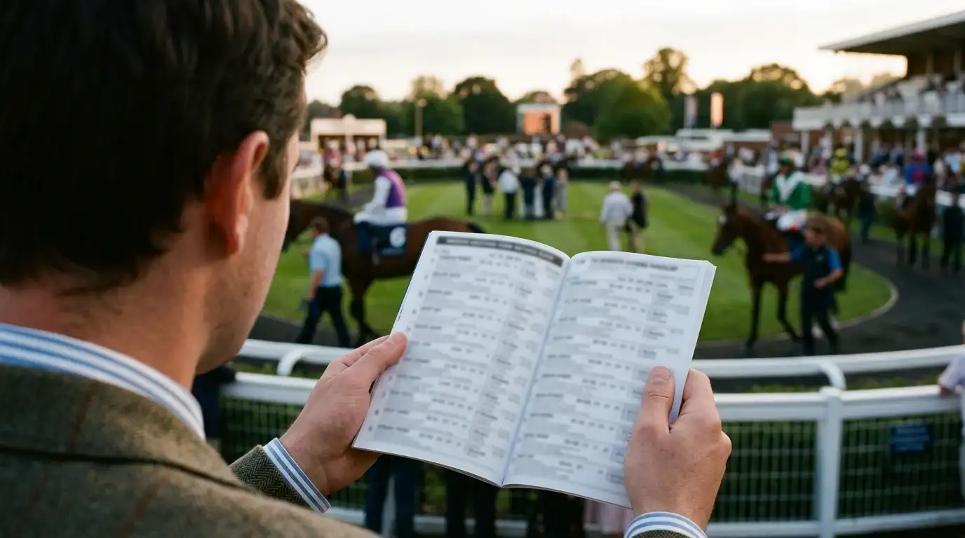Racegoer holding an open racecard programme at Windsor Racecourse evening meeting