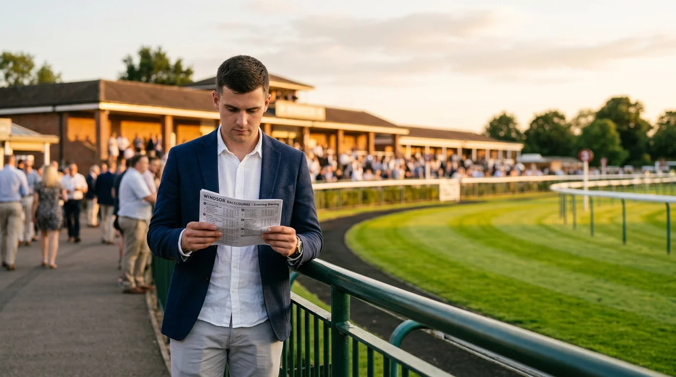 First-time racegoer studying a racecard at Windsor Racecourse on a summer evening