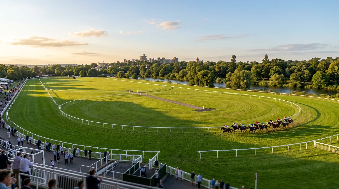 Windsor Racecourse figure-of-eight course layout viewed from the grandstand at evening