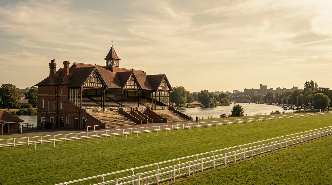 Historic grandstand at Windsor Racecourse with the Thames and Windsor Castle in the distance