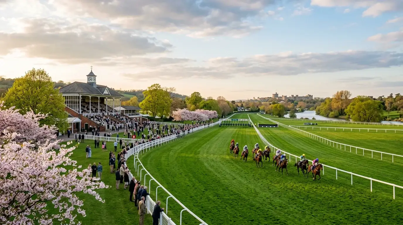 Windsor Racecourse on a spring evening with runners heading to the start under clear skies