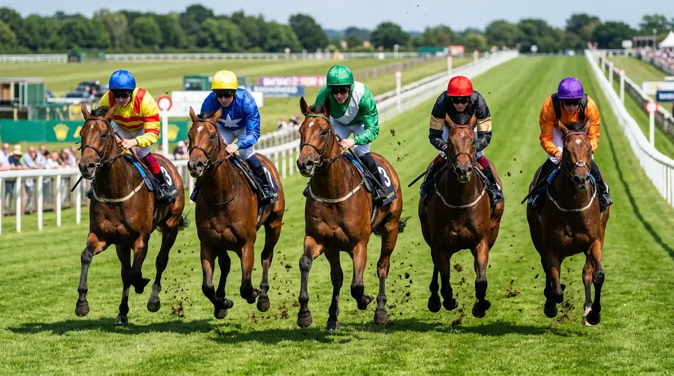 Sprinters at full stretch in a five-furlong dash at Windsor Racecourse