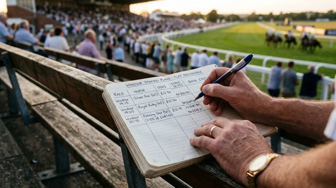 Bettor writing staking calculations in a notebook at Windsor Racecourse