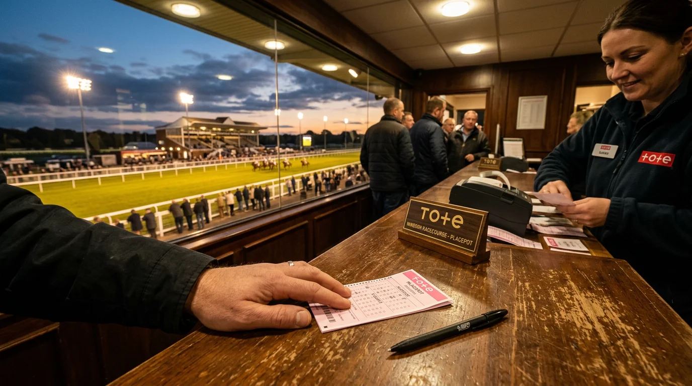 Tote betting window at Windsor Racecourse during an evening flat meeting