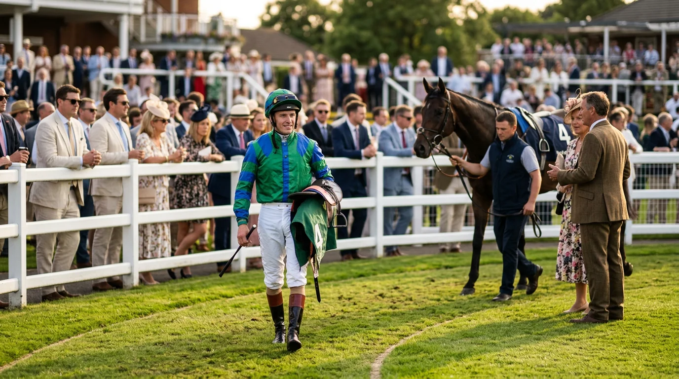 Jockey in racing silks walking through the paddock at Windsor Racecourse before a flat race