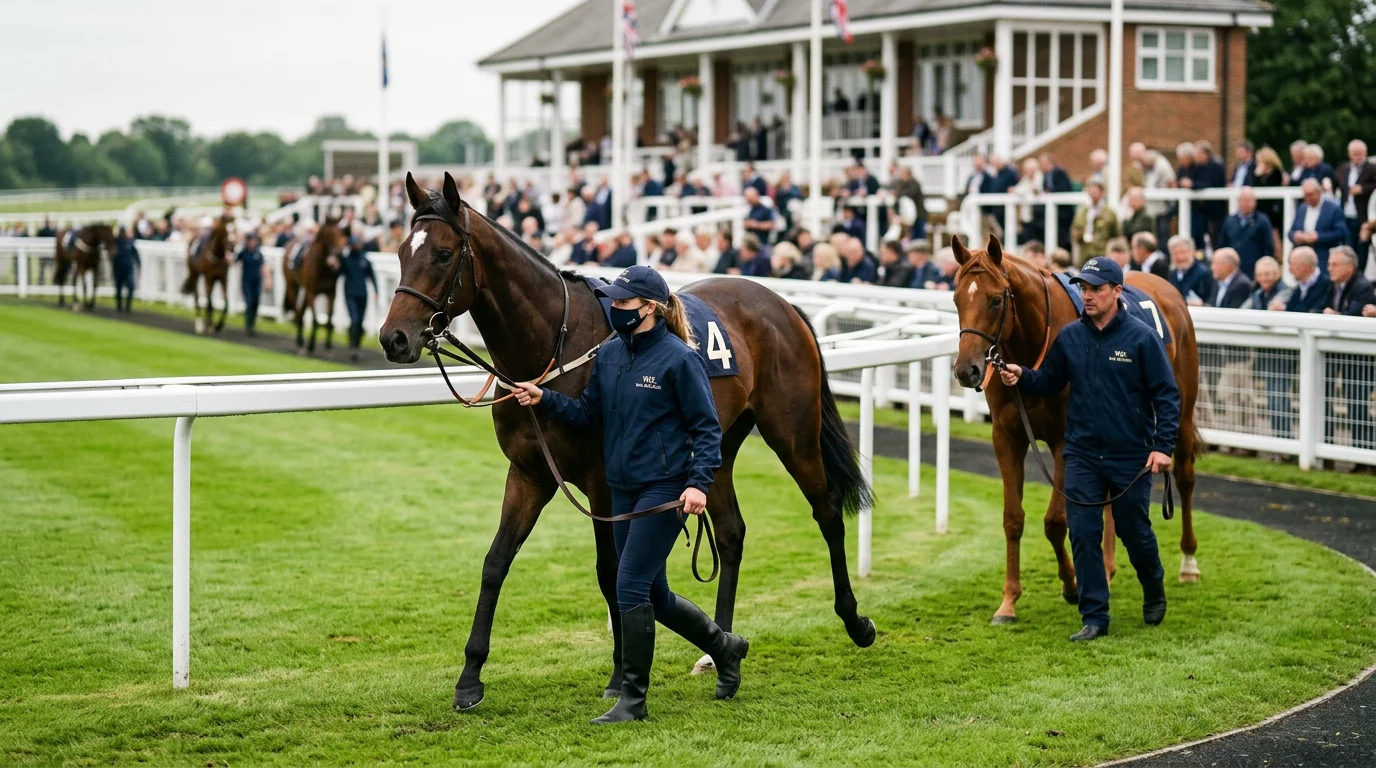 Young thoroughbred racehorses parading in the paddock before a Windsor juvenile maiden