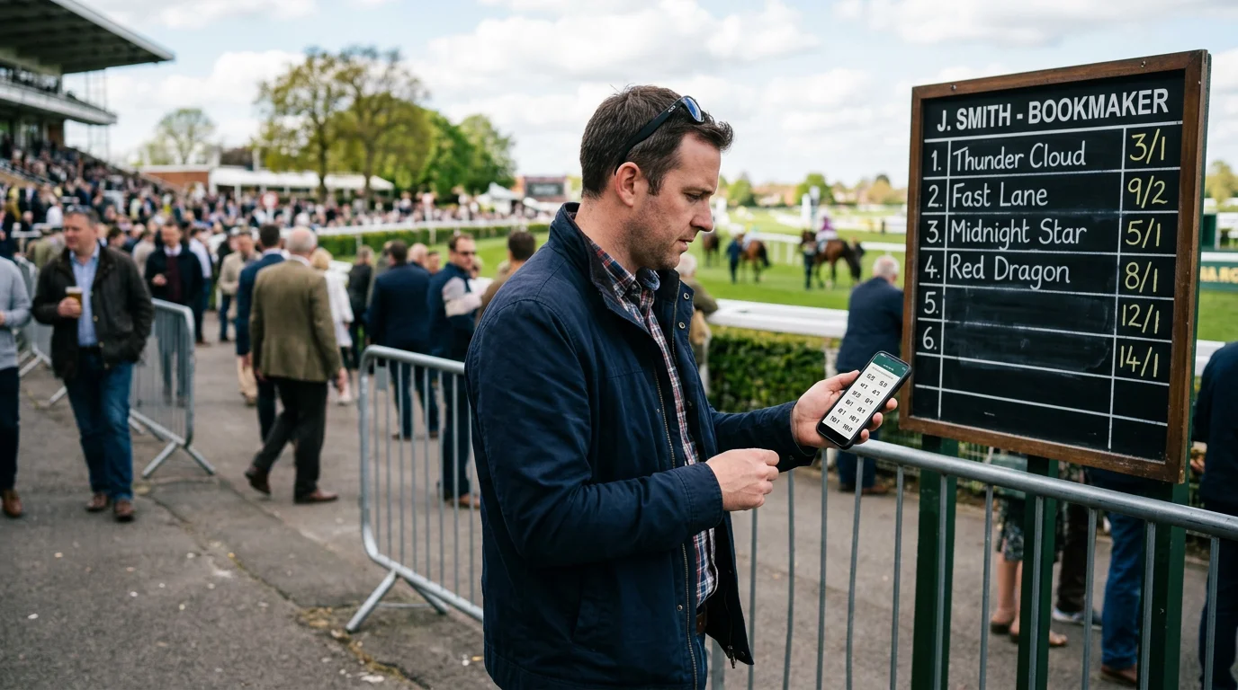 Punter comparing odds on a mobile phone beside the bookmaker rails at Windsor