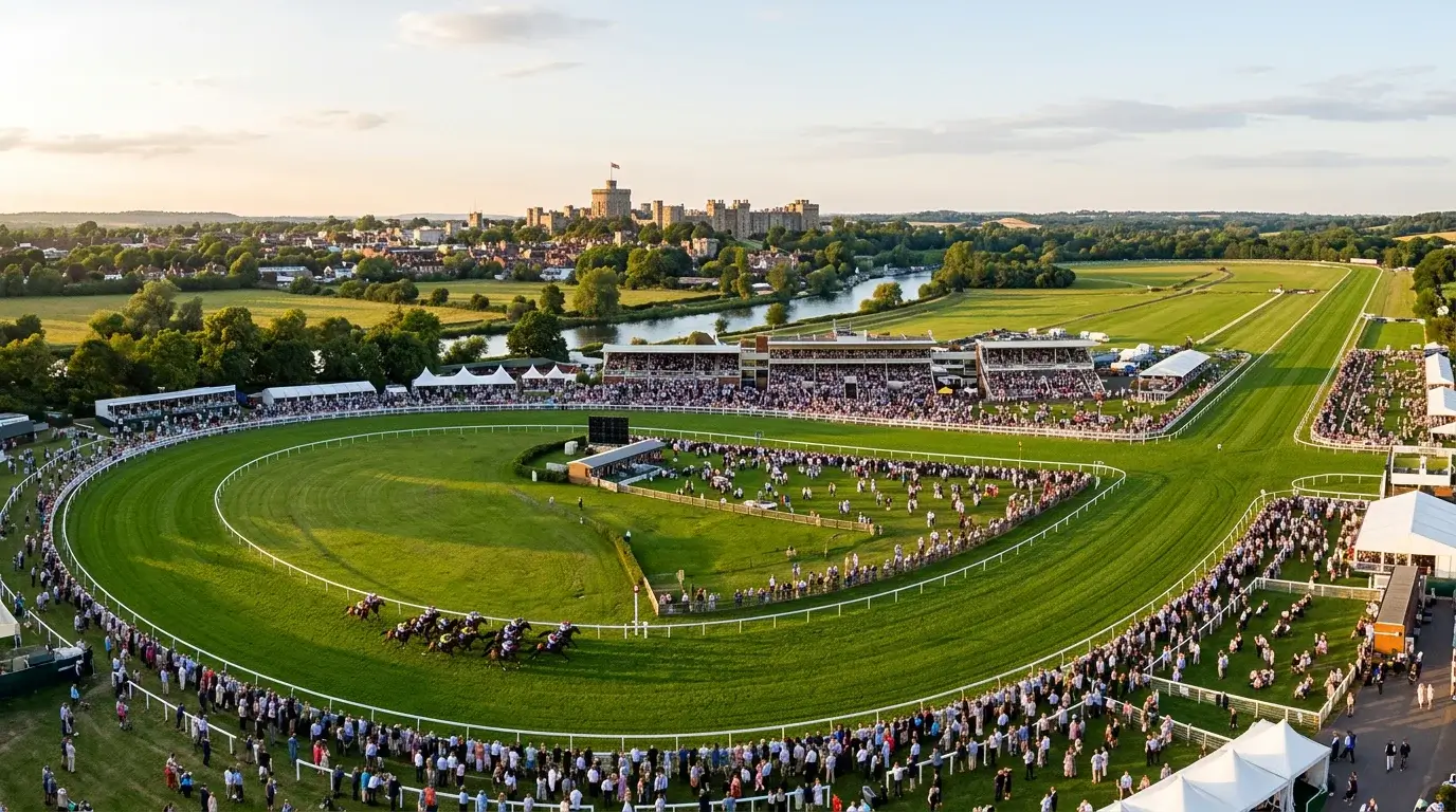 Panoramic view of Windsor Racecourse with Windsor Castle in the background on a summer evening